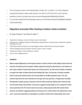 Gigantism Precedes Filter Feeding in Baleen Whale Evolution