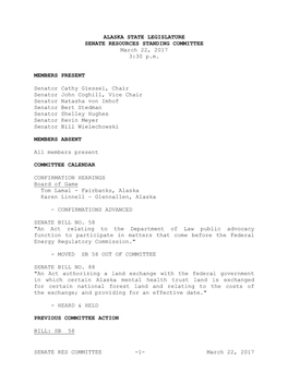 SENATE RES COMMITTEE -1- March 22, 2017 SHORT TITLE: DEPT of LAW: ADVOCACY BEFORE FERC SPONSOR(S): RULES by REQUEST of the GOVERNOR
