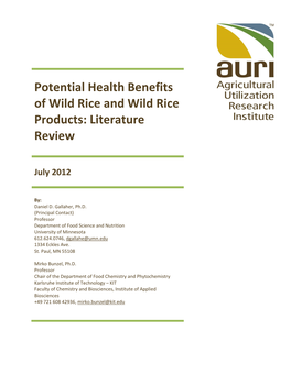 Literature Review of Potential Health Benefits of Wild Rice and Wild Rice