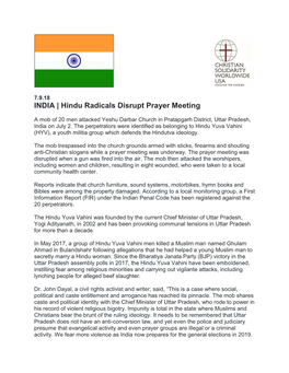 INDIA | Hindu Radicals Disrupt Prayer Meeting