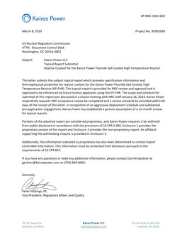 Topical Report Submittal Reactor Coolant for the Kairos Power Fluoride Salt-Cooled High Temperature Reactor