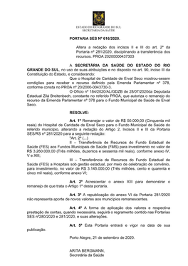 Altera a Redação Dos Incisos II E III Do Art. 2º Da Portaria Nº 281/2020, Disciplinando a Transferência Dos Recursos