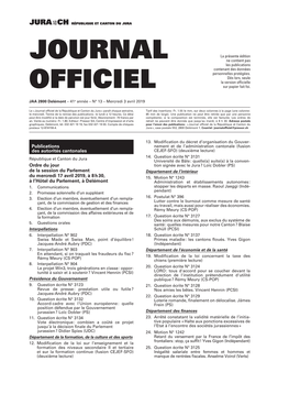 Journal Officiel De La République Et Canton Du Jura » Paraît Chaque Semaine, Tarif Des Insertions : Fr