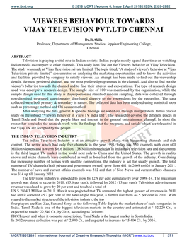 Viewers Behaviour Towards Vijay Television Pvt.Ltd Chennai