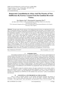 Democratic Consolidation in Africa and the Practice of Non- Indifference by Ecowas: Lessons from the Gambian Reversed Victory