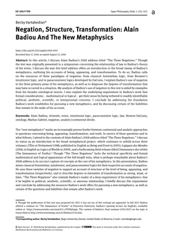 Negation, Structure, Transformation: Alain Badiou and the New Metaphysics