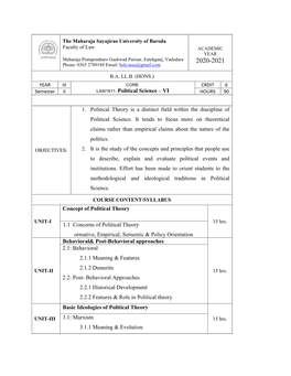 LAW1611: Political Science – VI 1. Political Theory Is A