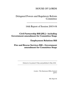 HOUSE of LORDS Delegated Powers and Regulatory Reform