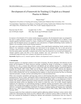 Development of a Framework for Teaching L2 English As a Situated Practice in Malawi