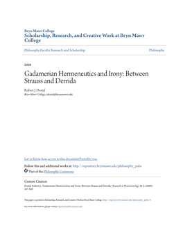 Gadamerian Hermeneutics and Irony: Between Strauss and Derrida Robert J