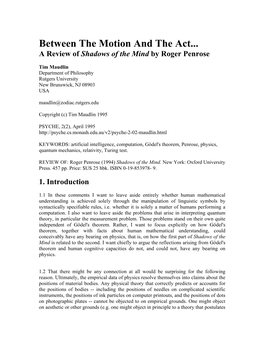 Between the Motion and the Act...:A Review of "Shadows of the Mind" by Roger Penrose