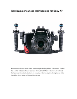 Nauticam Announces Their Housing for Sony A7