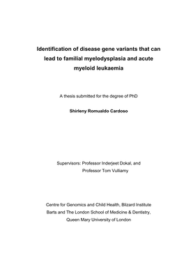 Identification of Disease Gene Variants That Can Lead to Familial Myelodysplasia and Acute Myeloid Leukaemia