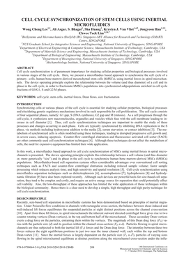 CELL CYCLE SYNCHRONIZATION of STEM CELLS USING INERTIAL MICROFLUIDICS Wong Cheng Lee1,2, Ali Asgar