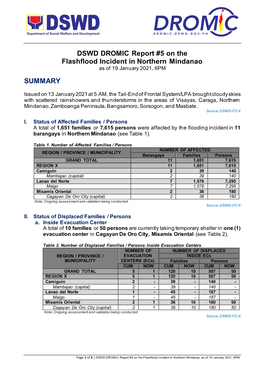 DSWD DROMIC Report #5 on the Flashflood Incident in Northern Mindanao As of 19 January 2021, 6PM