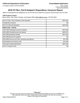 2018-19 Title I, Part D Subpart 2 Expenditure, Carryover Report