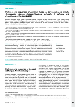 AR TICLE Draft Genome Sequences of Armillaria Fuscipes