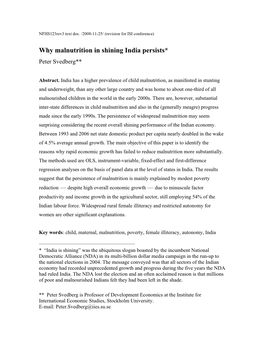 Why Malnutrition in Shining India Persists* Peter Svedberg**