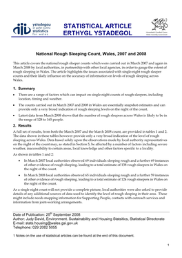 National Rough Sleeping Count, Wales, 2007 and 2008