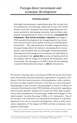 Foreign Direct Investment and Economic Development