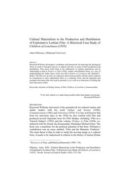 Cultural Materialism in the Production and Distribution of Exploitative Lesbian Film: a Historical Case Study of Children of Loneliness (1935)