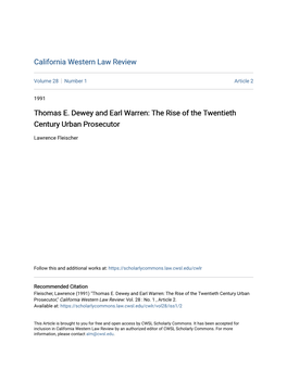 Thomas E. Dewey and Earl Warren: the Rise of the Twentieth Century Urban Prosecutor