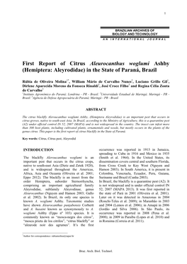 First Report of Citrus Aleurocanthus Woglumi Ashby (Hemiptera: Aleyrodidae) in the State of Paraná, Brazil