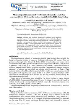 Ceratothoa Oestroides (Risso, 1816) and Ceratothoa Parallela (Otto, 1828) from Turkey