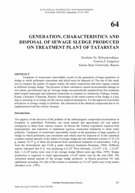 Generation, Characteristics and Disposal of Sew Age Sludge Produced on Treatment Plant of Tatarstan