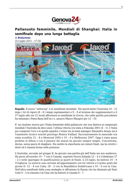 Pallanuoto Femminile, Mondiali Di Shanghai: Italia in Semiﬁnale Dopo Una Lunga Battaglia Di Redazione 25 Luglio 2011 – 17:54