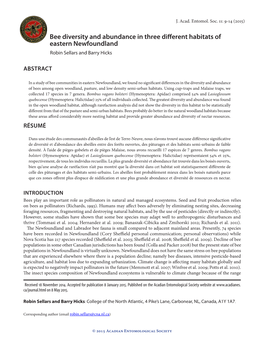 Bee Diversity and Abundance in Three Different Habitats of Eastern Newfoundland Robin Sellars and Barry Hicks