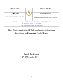 Final Communiqué of the 61St Ordinary Session of the African Commission on Human and Peoples’ Rights
