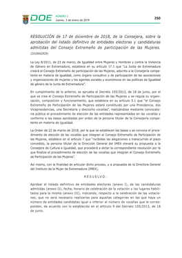 RESOLUCIÓN De 17 De Diciembre De 2018, De La Consejera, Sobre La Aprobación Del Listado Definitivo De Entidades Electoras Y Ca