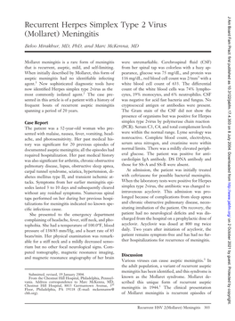 Recurrent Herpes Simplex Type 2 Virus (Mollaret) Meningitis