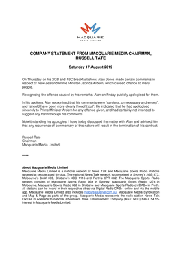 Company Statement from Macquarie Media Chairman, Russell Tate