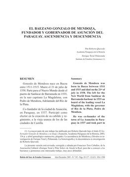 El Baezano Gonzalo De Mendoza, Fundador Y Gobernador De Asunción Del Paraguay