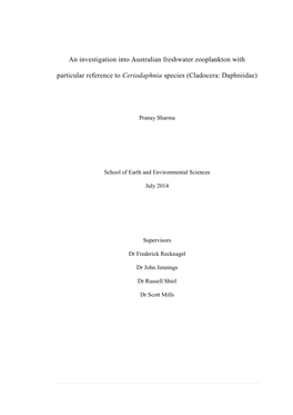 An Investigation Into Australian Freshwater Zooplankton with Particular Reference to Ceriodaphnia Species (Cladocera: Daphniidae)