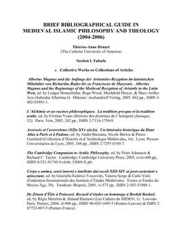 Brief Bibliographic Guide in Medieval Islamic Philosophy and Theology