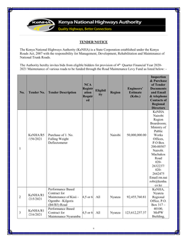 TENDER NOTICE the Kenya National Highways Authority