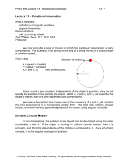 PHYS 101 Lecture 13 - Rotational Kinematics 13 - 1