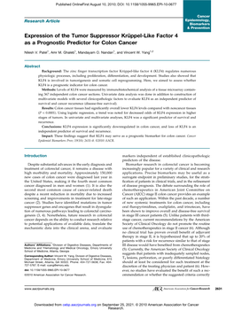 Expression of the Tumor Suppressor Krüppel-Like Factor 4 As a Prognostic Predictor for Colon Cancer