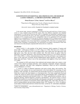 Constituents of Essential Oils from Leaves and Seeds of Laurus Nobilis L.: a Chemotaxonomic Approach