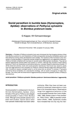 Apidae): Observations of Psithyrus Sylvestris in Bombus Pratorum Nests