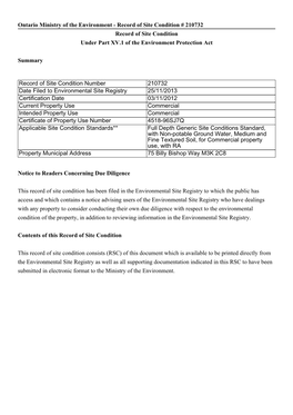 Ontario Ministry of the Environment - Record of Site Condition # 210732 Record of Site Condition Under Part XV.1 of the Environment Protection Act