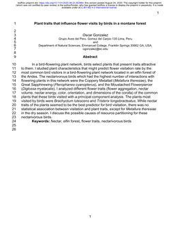 Plant Traits That Influence Flower Visits by Birds in a Montane Forest