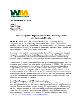 Waste Management Acquires Medical Waste Processing Facility and Business in Phoenix