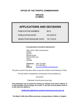 Applications and Decisions for Wales