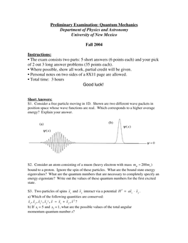 Quantum Mechanics Department of Physics and Astronomy University of New Mexico