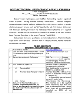 INTEGRATED TRIBAL DEVELOPMENT AGENCY: KARANJIA E-Mail: Itdakja@Nic.In No.___154______/ITDA(KJA) Dated 11/02/2020 Tender Call Notice