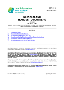 NEW ZEALAND NOTICES to MARINERS Notices NZ 212 – 225 © Crown Copyright 2013